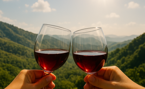 sunny view of costa rica, two wine glasses, authetic tucuico wine.